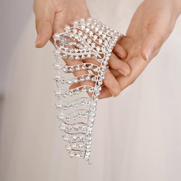 Silver Pearl Crystal Crown Rhinestone Tiara for Women Wedding Parties main image 4